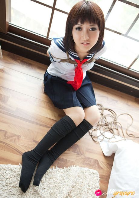 Shiryl Asian in school uniform is punished and tied in ropes