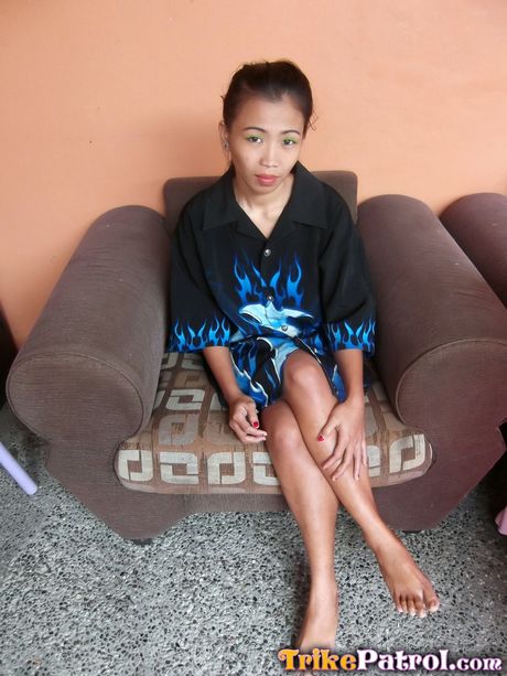 Skinny Asian teen Ashley strips and shows her hairy pussy up close