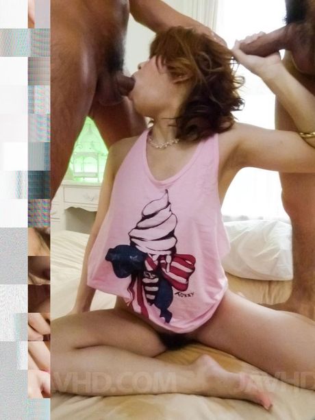 Junna Hara in pink t-shirt sucks and fucks dicks and gets cum